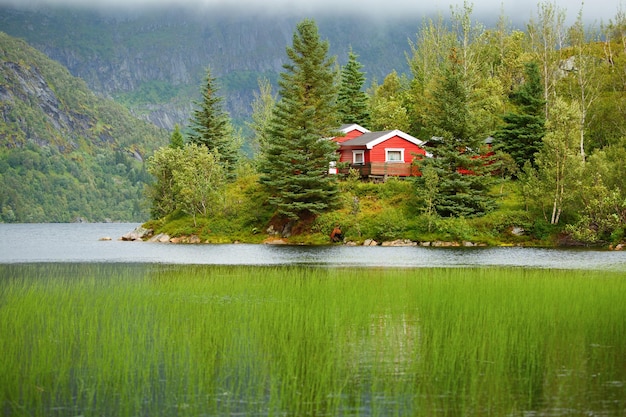 Foto da casa vermelha ao pé das árvores do lago de colinas na Noruega