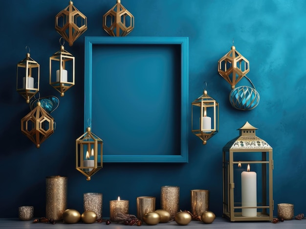Foto da celebração do Hanukkah em fundo azul com lanternas douradas e turquesas e moldura para texto