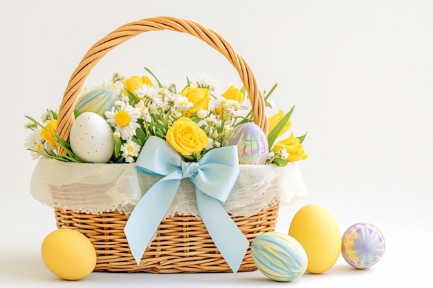 Foto da cesta de Páscoa com flores contra um fundo branco radiante