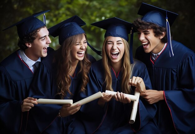 Foto da equipe de formatura de estudantes de formatura feliz com chapéu e diploma de formatura