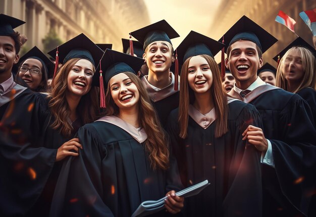 Foto da equipe de formatura de estudantes de formatura feliz com chapéu e diploma de formatura