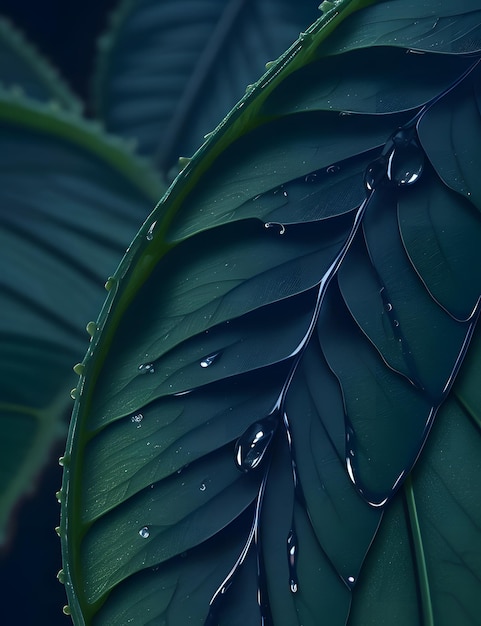 foto da folha verde com iluminação azul escura