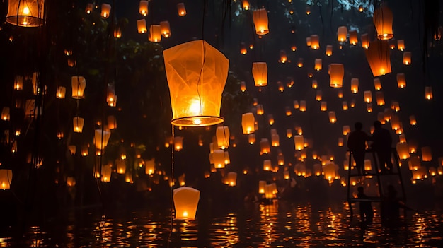 Foto da lanterna flutuante no céu com o festival Yee Peng