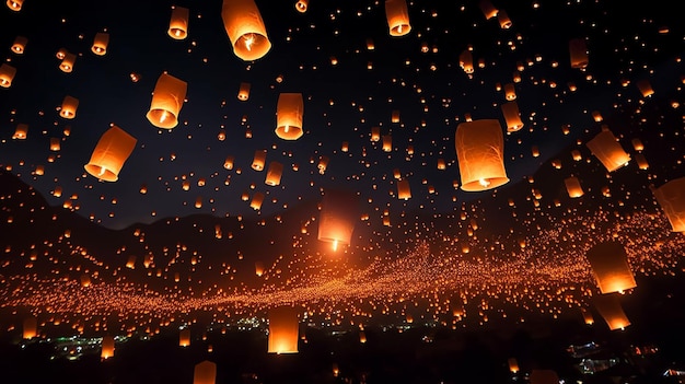 Foto da lanterna flutuante no céu com o festival Yee Peng