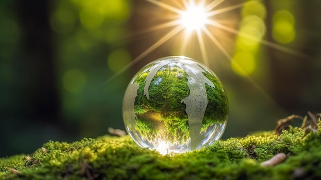 Foto da luz solar com cristal de esfera de terra ou vidro de globo sustentável em fundo de natureza musgo verde em ambiente de ecologia conceito de floresta de conservação de árvores planeta ambiental eco generat ai