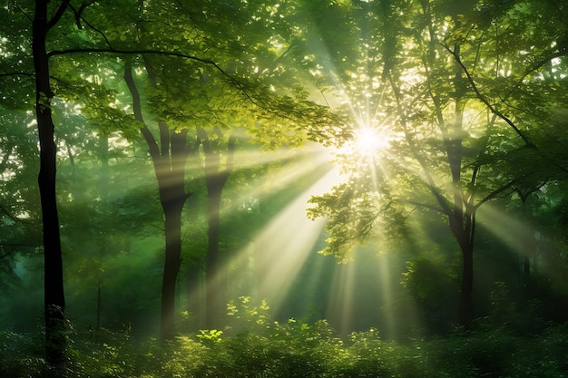 Foto da luz solar filtrando através de folhas densas da floresta