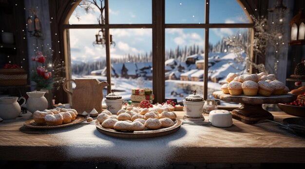 Foto foto da mesa de jantar de natal com alimentos e bebidas no fundo de natal