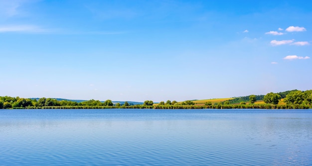 Foto da natureza ao redor do belo lago azul