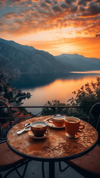 Foto da natureza matinal com uma xícara de chá ou café com belas flores e sol