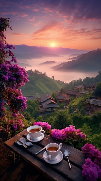 Foto da natureza matinal com uma xícara de chá ou café com lindas flores e sol