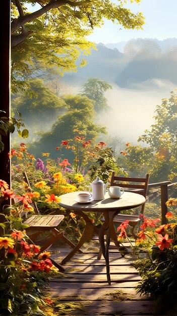 Foto da natureza matinal com uma xícara de chá ou café com lindas flores e sol