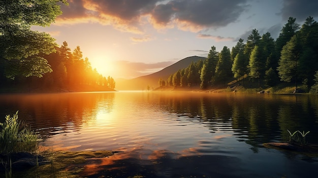 Foto da natureza matinal com vista para o lago brilho do sol flores floresta chá e café