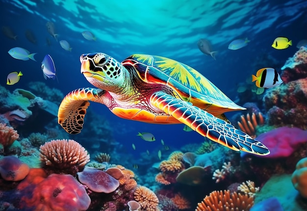 Foto da natureza subaquática do mar profundo com belos peixes e tartarugas