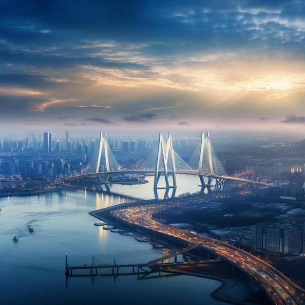 Foto da paisagem urbana da ponte de Incheon, na Coreia