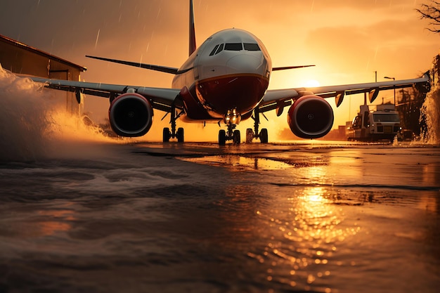 Foto da pista inundada do aeroporto