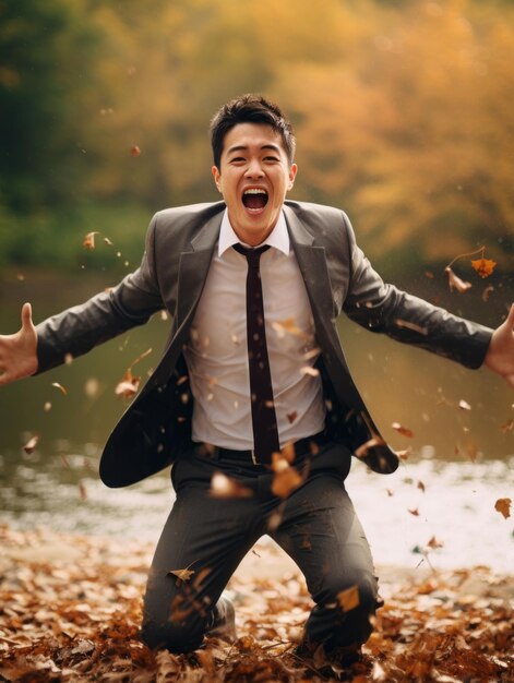 foto da pose dinâmica emocional homem asiático no outono