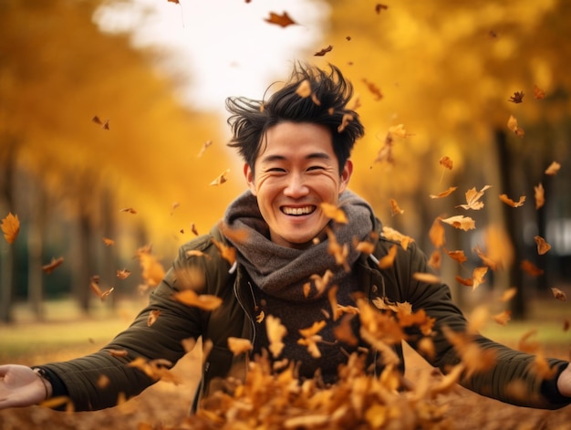 foto da pose dinâmica emocional homem asiático no outono
