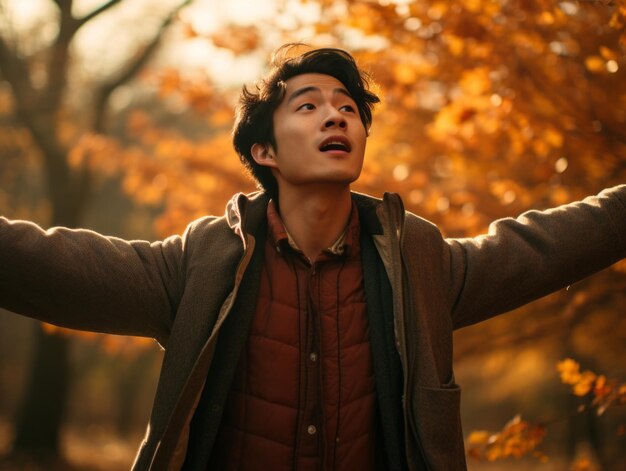 Foto foto da pose dinâmica emocional homem asiático no outono