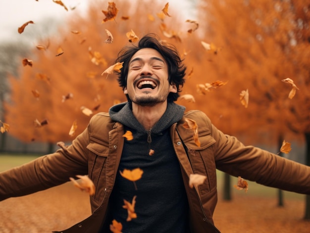 foto da pose dinâmica emocional homem asiático no outono