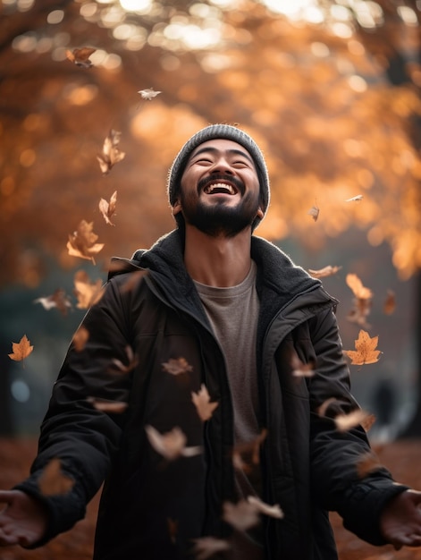 foto da pose dinâmica emocional homem asiático no outono