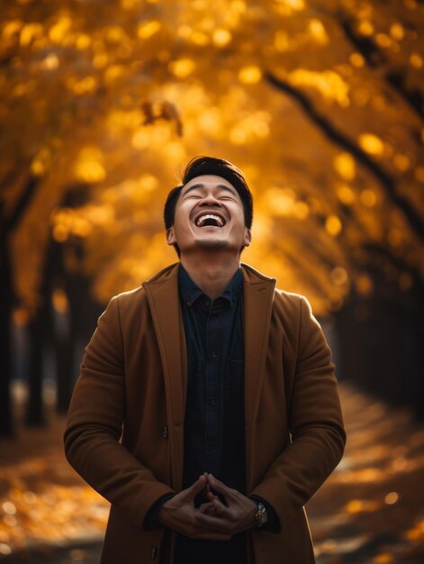 foto da pose dinâmica emocional homem asiático no outono