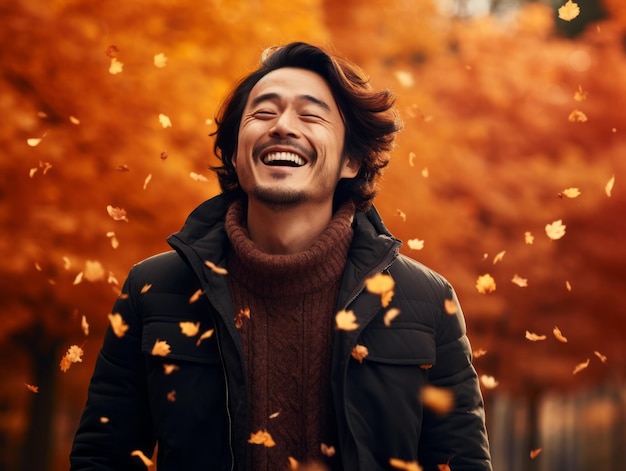 foto da pose dinâmica emocional homem asiático no outono