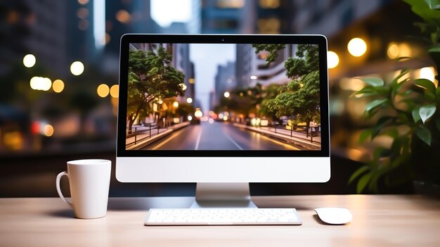 foto da tela do escritório do computador em uma mesa gerada por IA