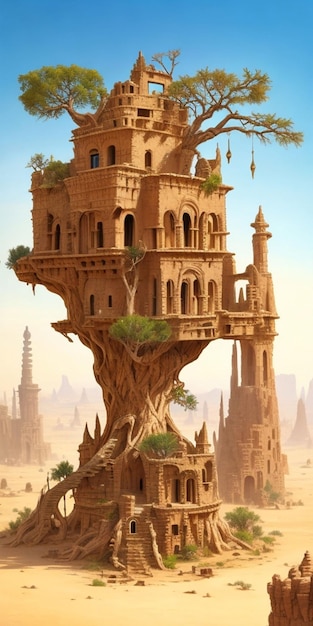 Foto da torre com árvores feitas de areia