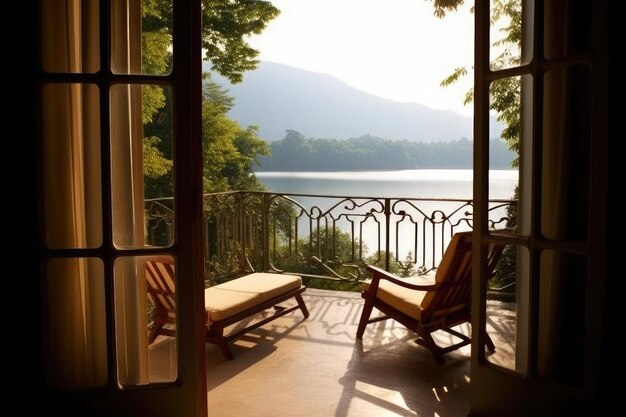 foto da varanda tradicional do hotel com vista para o lago Fotografia gerada por IA