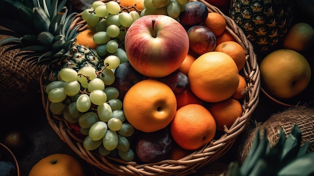 Foto da visão aérea de uvas laranja e abacaxi na cesta de frutas
