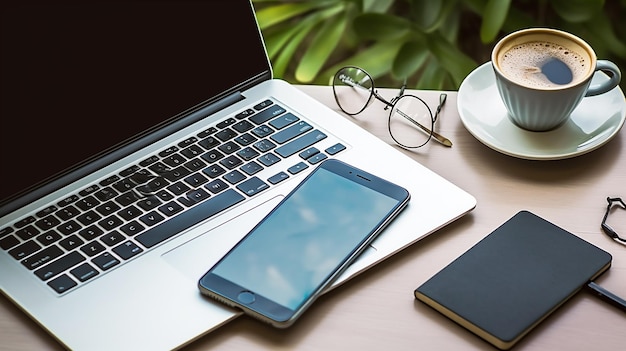 Foto da vista superior da mesa do escritório com xícara de café para laptop e smartphone