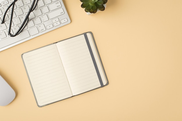 Foto da vista superior de óculos de notebook cinza aberto, mouse de teclado branco e vaso de flores em fundo bege isolado com espaço de cópia