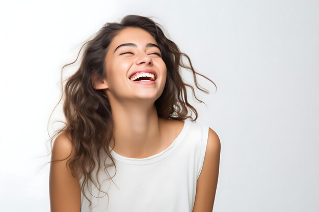 Foto foto de una dama sonriendo en el fondo blanco del estudio