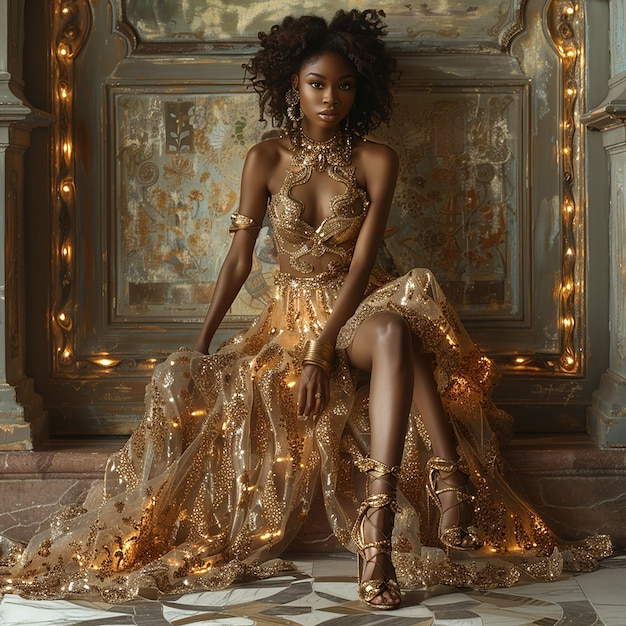 una foto de la dama del vestido dorado