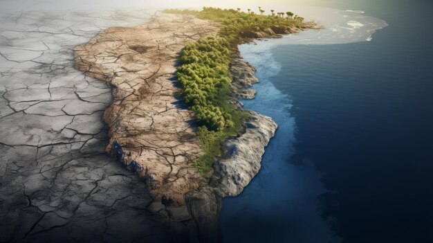 Foto, das den Klimawandel darstellt, Insel umgeben von ruhigen Gewässern