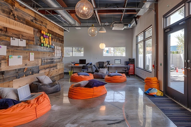 Foto das instalações dos desenvolvedores de startups Você pode ver cadeiras macias um monte de notas adesivas e equipamentos