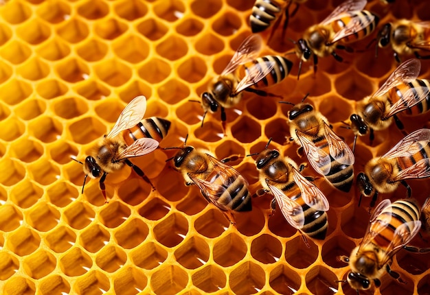 Foto de abelhas no favo de mel com mel e coletando mel na fazenda de abelhas