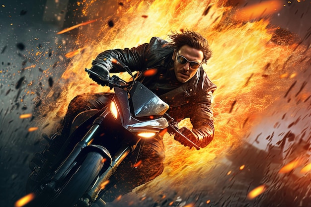 Foto de ação com um homem escapando de uma explosão em uma bicicleta Cena dinâmica de incêndio em um filme de ação estilo blockbuster IA gerada