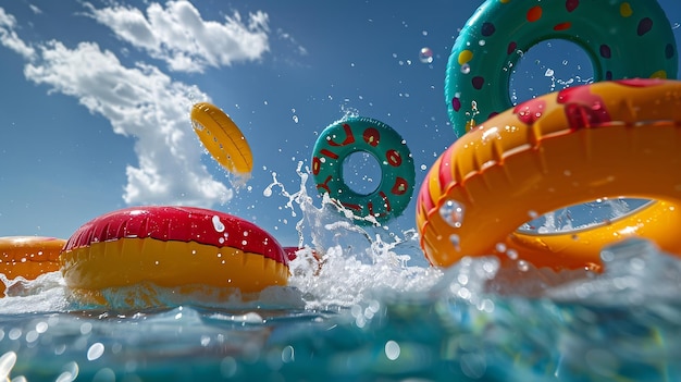 Foto foto de ação na piscina ao ar livre com salpicos e ondas de dough inflável ia geradora