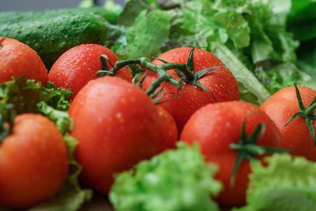 Foto de alimentos saudáveis de tomates maduros e alface