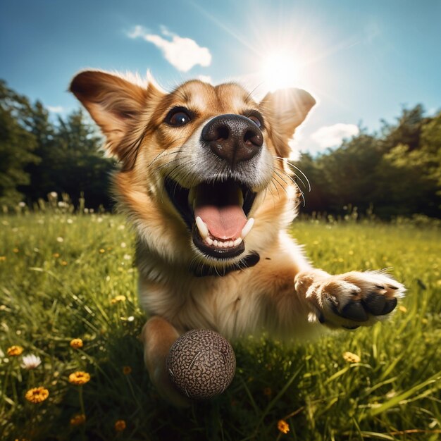 Foto de alta qualidade generativa de IA de um cachorro feliz jogando bola na grama