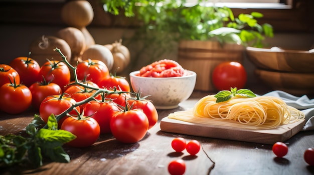 Foto de alta resolução de tomates maduros em uma cozinha italiana com massas frescas