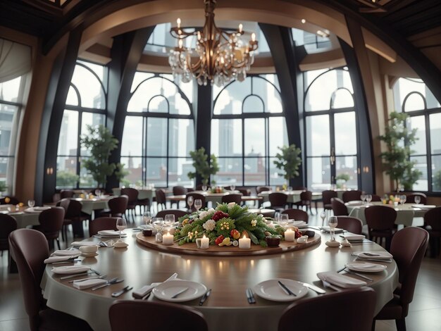 Foto foto de alto ângulo de uma mesa redonda de restaurante chique com janelas