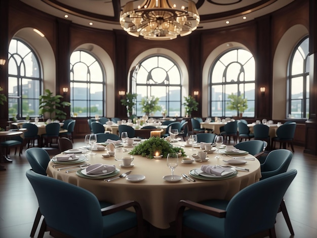 Foto foto de alto ângulo de uma mesa redonda de restaurante chique com janelas