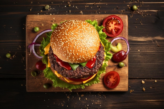 foto de alto ângulo delicioso hambúrguer em placa de madeira