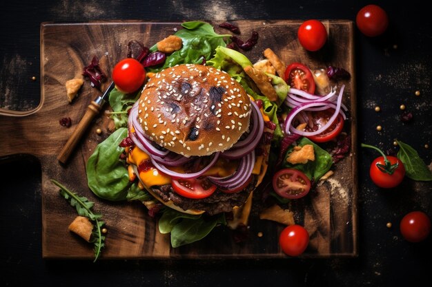 foto de alto ângulo delicioso hambúrguer em placa de madeira