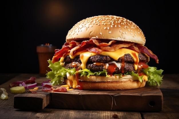 foto de alto ângulo delicioso hambúrguer em placa de madeira