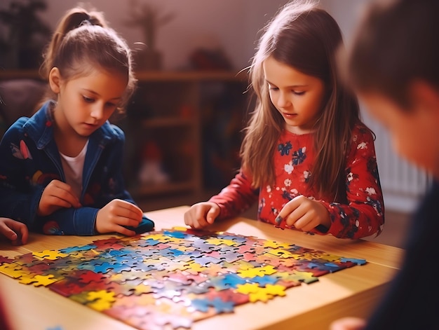 Foto de alunos brincando com quebra-cabeças educacionais Brincalhão e colorido Conceito do Dia da Educação