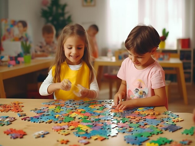 Foto de alunos brincando com quebra-cabeças educacionais Brincalhão e colorido Conceito do Dia da Educação