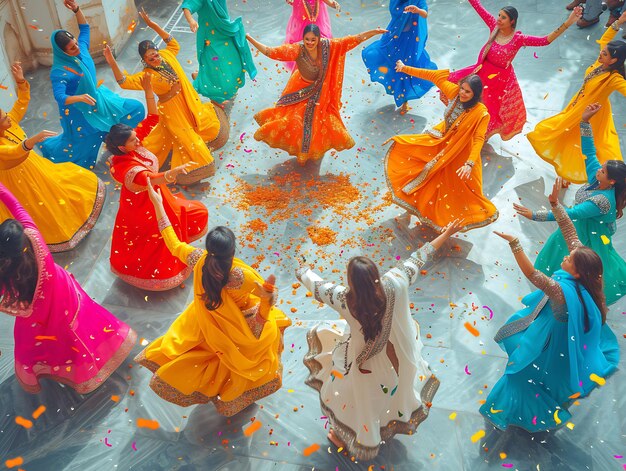 Foto foto de amigos dançando em trajes tradicionais no baisakhi fest festival holiday concept